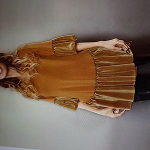 Gold Velvet-Contrast Ruffle-Hem Tunic